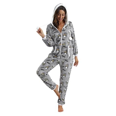 Womens Pajamas Printing Footed Pajamas Adults Sleepwear Pajamas Hooded