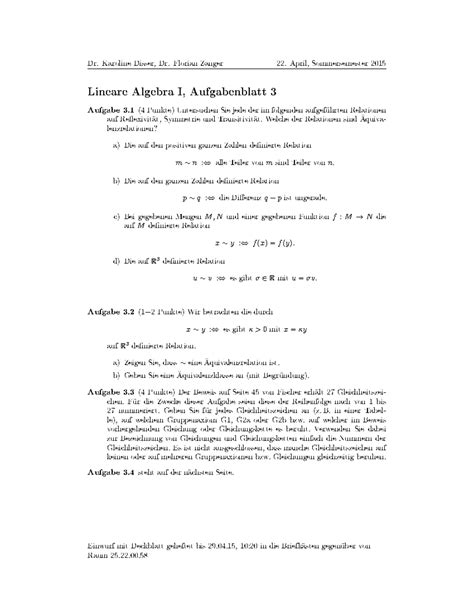 Übung 3 Skript zur Vorlesung Lineare Algebra 1 Sommersemester HHU