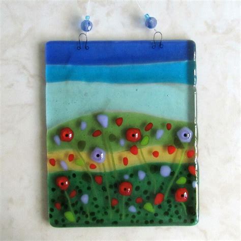 Fused Glass Sun Catcher Glass Poppies Wall Art Orange And Etsy