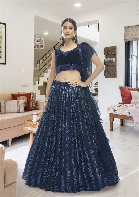 Seductive Navy Blue Sequins Embroidered Velvet Semi Stitched Ghagra Choli Meghalya 3927048