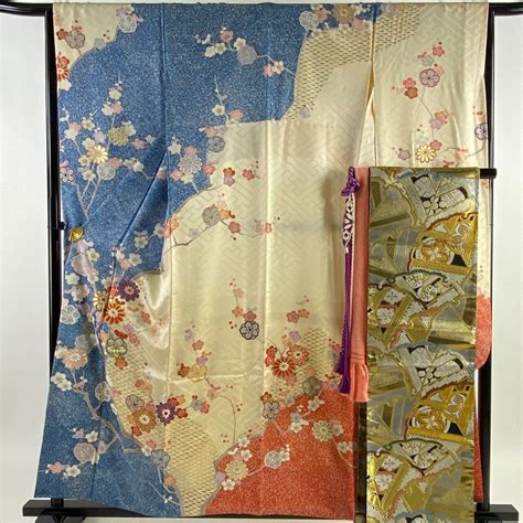 振袖 身丈157 5cm 裄丈65cm M 袷 袋帯フルセット 枝梅 菊 刺繍 金彩 青灰色 正絹 秀品 中古 メルカリ