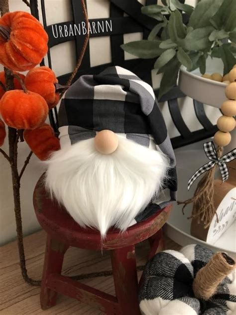 Black White Plaid Slouchy Hat Gnome Black White Check Gnome Harvest