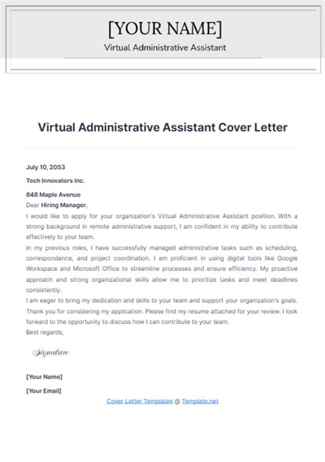 Free Virtual Administrative Assistant Cover Letter Template To Edit Online