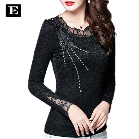 Sexy Hollow Out Lace Blouse Womens Tops And Blouses Sexy Long Sleeve Blouse Flounce Trim