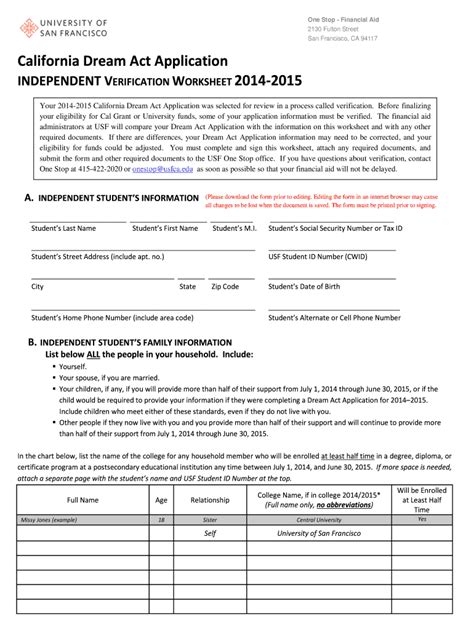 Fillable Online Usfca California Dream Act Application University Of