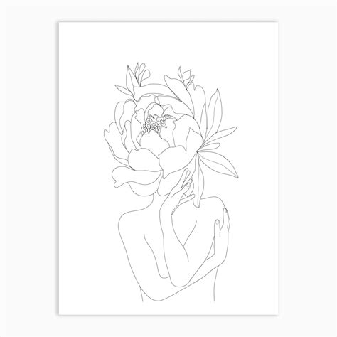 Minimal Line Art Woman Flower Head Art Print By Nadja Fy