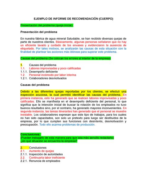 Ejemplo De Informe De Recomendaci N Ejemplo De Informe De