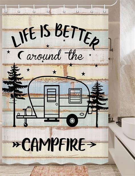 Happy Camper Shower Curtain Retro Rustic Wood Neutral Color For Travel