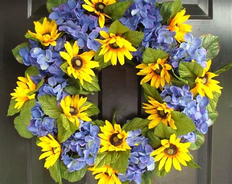 Hydrangea And Sunflower Wreath Summer Wreath Spring Door Wreath Etsy