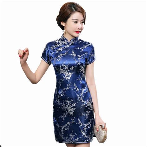 Navy Blue Traditional Chinese Dress Womens Satin Qipao Summer Sexy