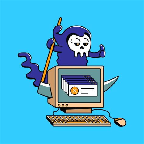 Premium Vector Cartoon Cute Grim Reaper Character With A Computer