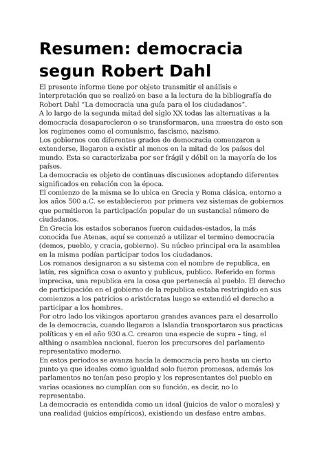 Resumen Democracia Segun Robert Dahl Apuntes De Ciencia Política Docsity