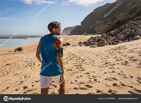 Back View Handsome Man Walking Seashore Bali Indonesia Free Stock