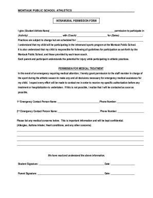 Fillable Online Intramural Permission Form Montauk Public School Fax