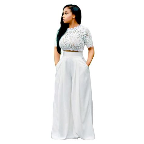 Two Piece Set Women Crop Top Fashion Short Sleeve White Lace Set Loose Wide Leg Pants Set In