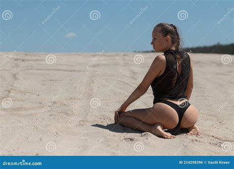 Graceful Woman In Bikini On Sandy Beach Stock Photo Image Of Outdoors