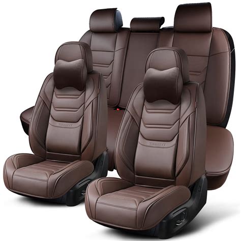 Tiehesyt Brown Car Seat Covers Full Set Breathable Leather Automotive Front And Rear Seat