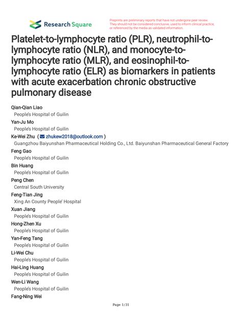 PDF Platelet To Lymphocyte Ratio PLR Neutrophil To Lymphocyte