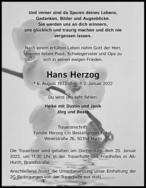 Traueranzeigen Von Hans Herzog WirTrauern