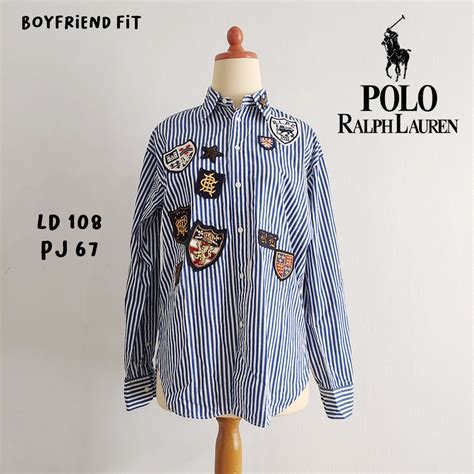 KEMEJA POLO RALPH LAUREN Garis Biru Putih Boyfriend Fit Fesyen Wanita