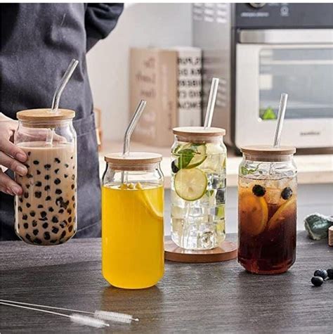 Drinking Glasses With Bamboo Lids And Glass Straw Gadget Lobby