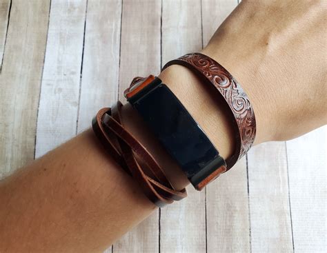 Vintage Style Embossed Brown Leather Wrap Bracelet For Fitbit Inspire