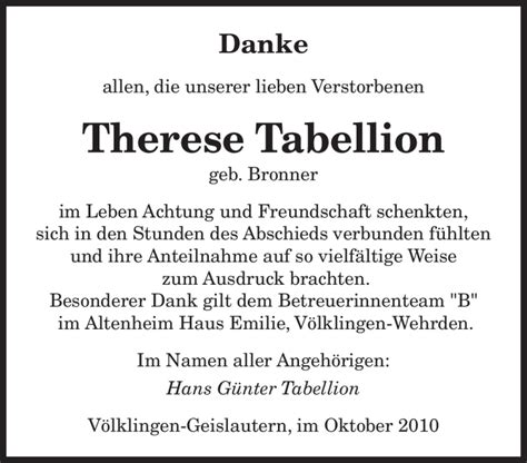 Traueranzeigen Von Therese Tabellion Saarbruecker Zeitung Trauer De