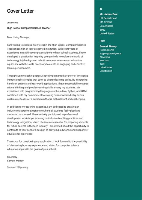 18 High School Computer Science Teacher Cover Letter Examples And