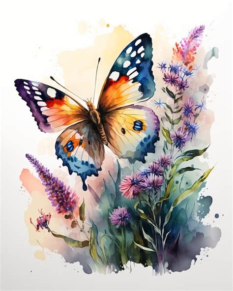 Uma Pintura Em Aquarela De Uma Borboleta Em Um Campo De Flores