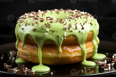 Bakery Delight Mouthwatering Glazed Donut With Sprinkles On Green