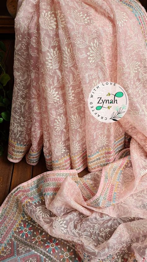 Zynah Pure Organza Silk Saree With Kantha Style Embroidery Work Visit