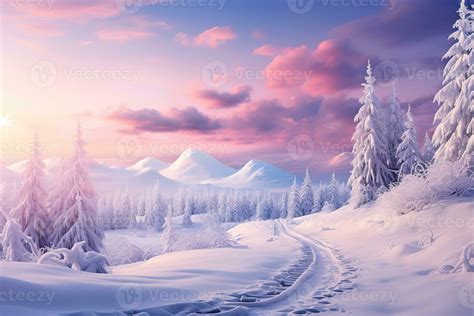 fabulous winter landscape, snowy forest, fir trees, mountains, pink ...