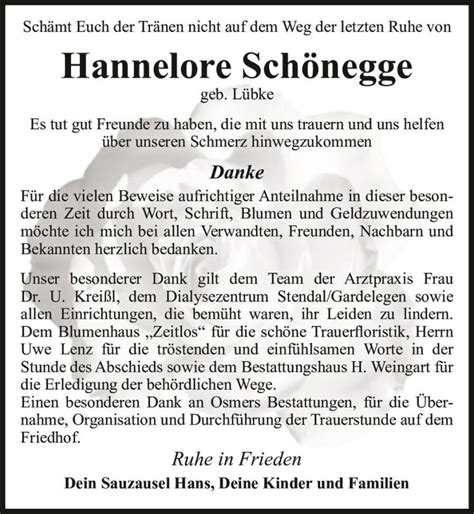 Traueranzeigen von Hannelore Schönegge geb Lübke abschied