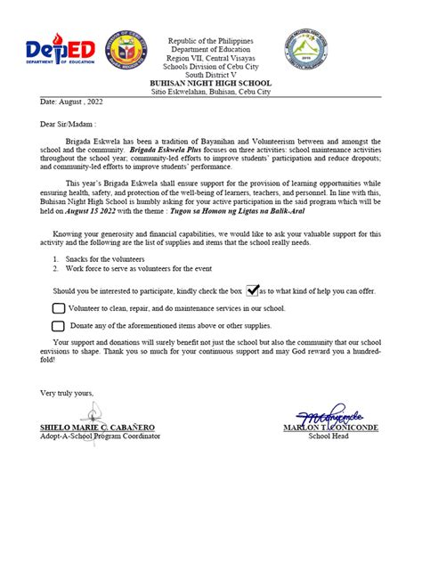 Solicitation Letter Brigada Eskwela Pdf