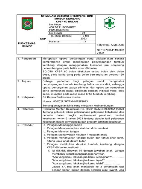 Sop Sdidtk Kpsp 60 Bulan Pdf