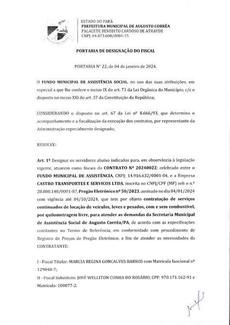 Portaria de fiscal de contrato nº 20240022 ass Prefeitura Municipal