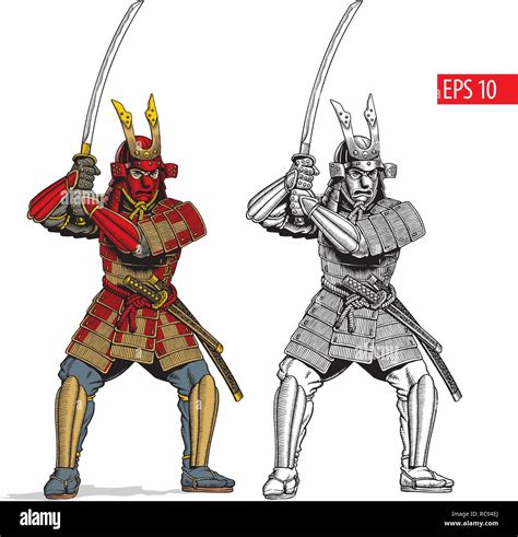 Samurai In Ancient Armor Japanese Warrior With Katana Sword Vector