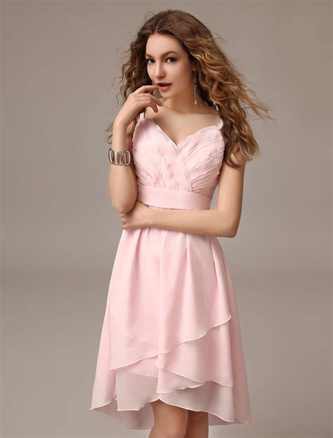 Asymmetrical Blush Pink A Line Ruched Chiffon Bridesmaid Dress With Straps Neck