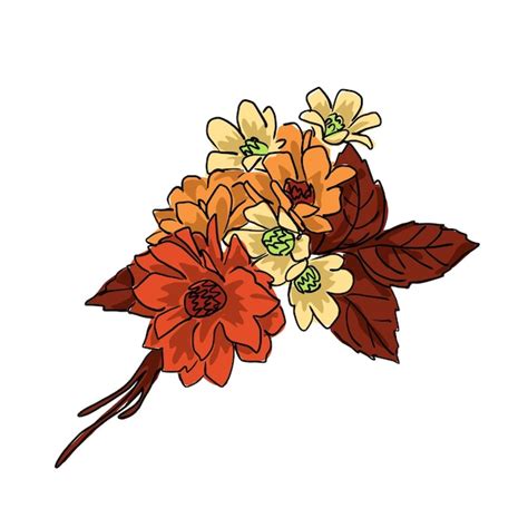 Premium Vector Bouquet Of Orange Flowers With Brown Leaves Cartoon Sketch On A White Background