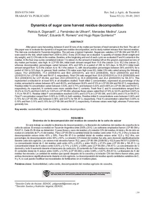 (PDF) Dynamics of Sugarcane Harvest Residue Decomposition in Argentina | Laura tortora ...