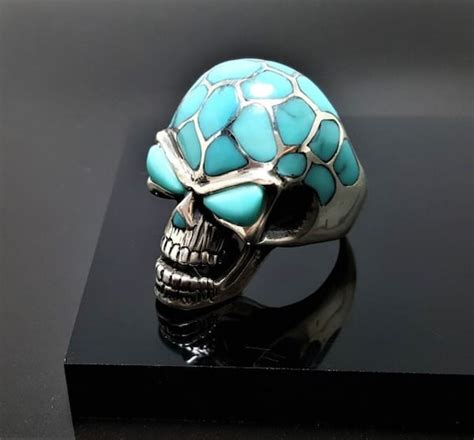 Skull Ring 925 STERLING SILVER Natural Turquoise Handmade Etsy