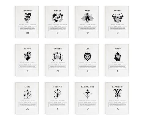 12pc Zodiac Print Set Zodiac Signs Printable T Zodiac Etsy