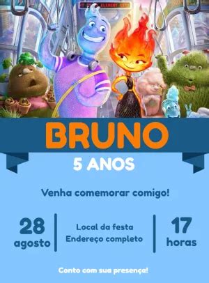 Convite aniversário Elementos Pixar Edite grátis nosso editor online