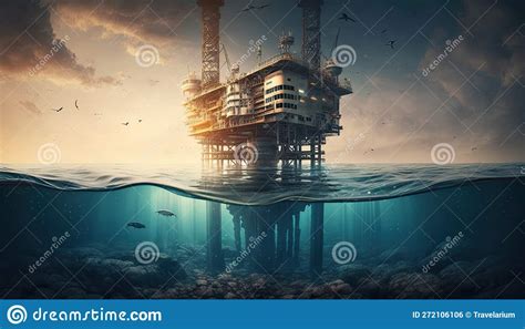 Oil Rig Platform In Open Sea On Beautiful Sunset Oil Production