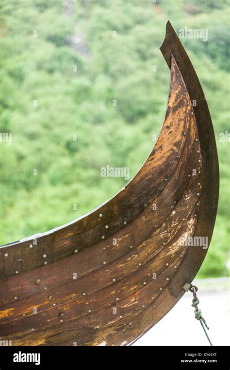 Part Of Old Wooden Viking Boat In Norwegian Nature Tourism And