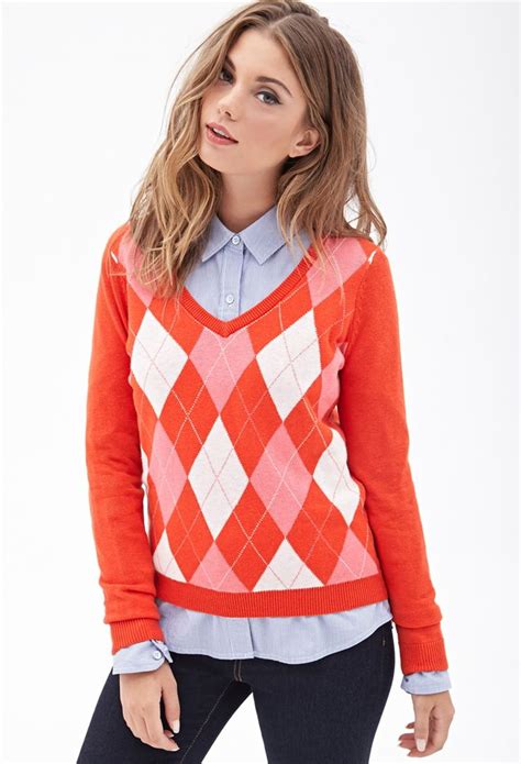 Argyle V Neck Sweater Knit Sweatshirt Clothes Fashion