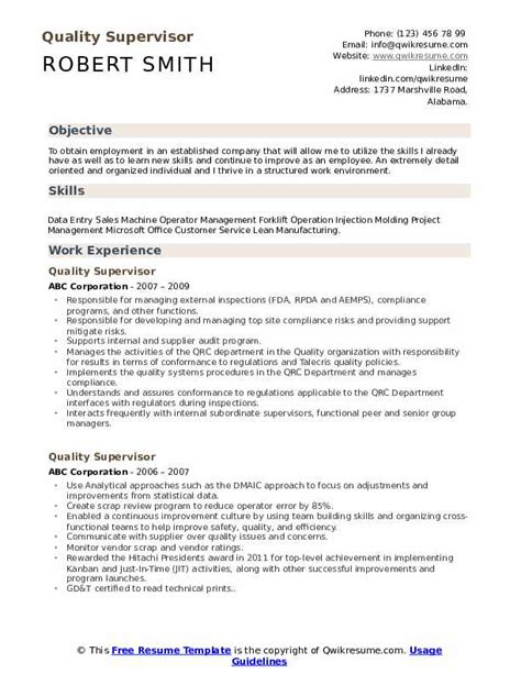 10 Quality Supervisor Resume Samples And Templates For 2025