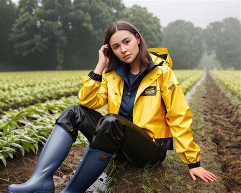 Black And Yellow Rainwear With Dark Blue Rubber Boots Regenkleidung