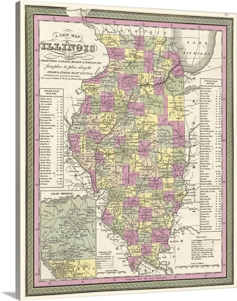 Vintage Map Of Illinois With Its Proposed Canals Roads And Distances In 2024 Map Old Map