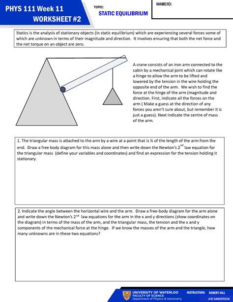 PHYS111 Week11 Worksheet 02 STATIC EQUILIBRIUM PHYS 111 Week 11